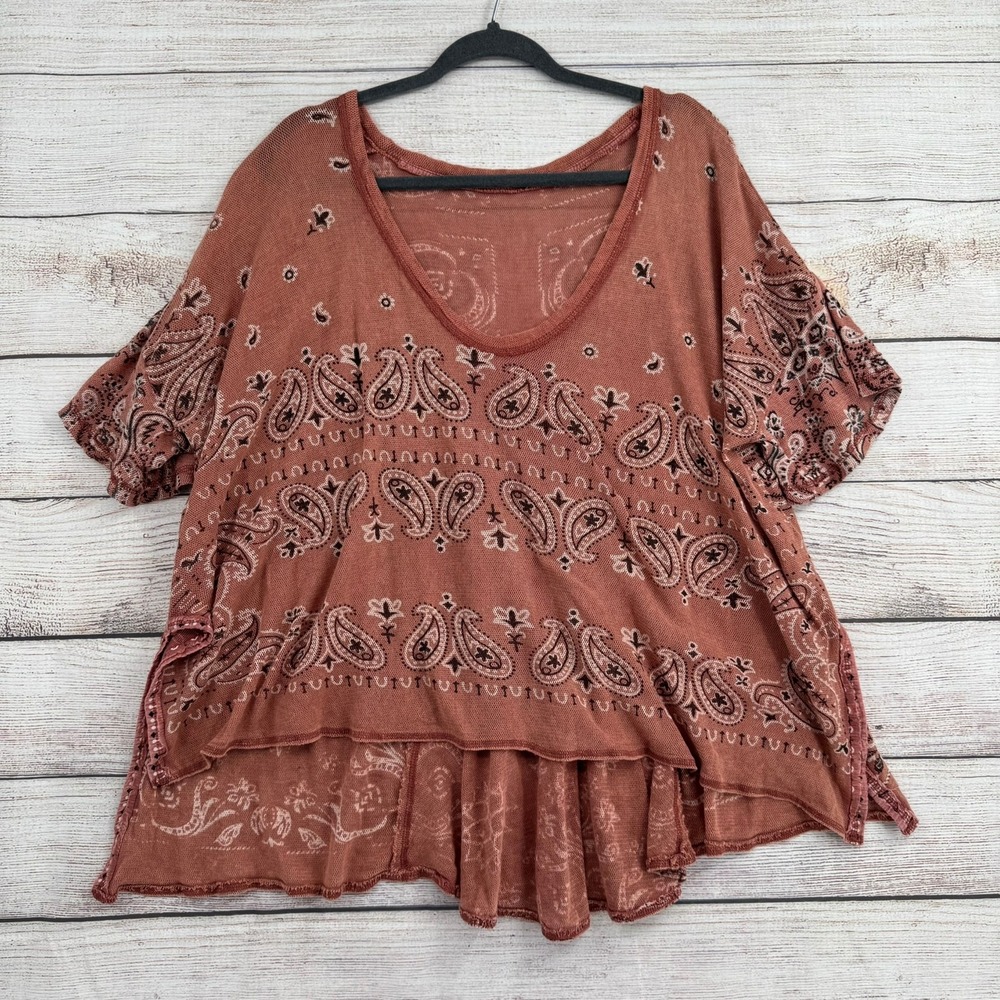 Free People Top Womens XS Rust Paisley Bandana Print Oversized Boho OB1344395